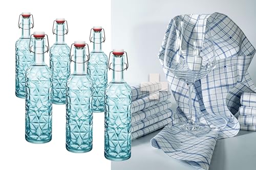 LGC Bundle | 6x Bormioli Rocco Oriente Flasche in blau, mit Bügelverschluss, 1Liter + 1 Trockentuch aus Microfilament gratis dazu von LGC