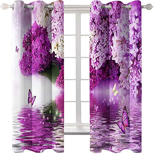 LGCK 3D Gedruckt Gardine Vorhänge - Lila Blumen-Schmetterling - 2 Stück Verdunklungsvorhang Ösen Vorhang Blickdicht Polyester Vorhänge Für Schlafzimmer Wohnzimmer Fensterdekoration 183x214cm von LGCK