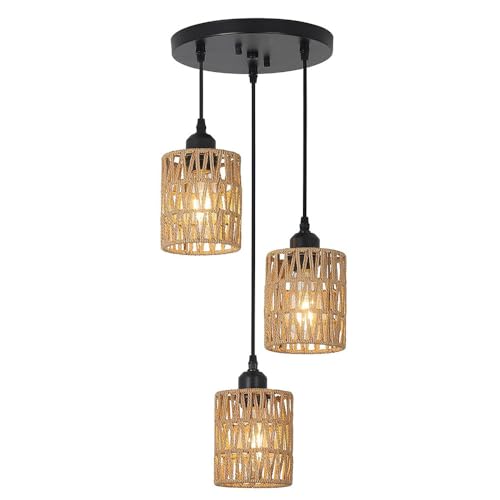 LGDEERCO Retro Rattan Kronleuchter 3 Köpfe Boho Stil Hängeleuchte Handgefertigte Hanfseil Flechtleuchter Esszimmerleuchte Für Kücheninsel Wohnzimmer Schlafzimmer Flur von LGDEERCO