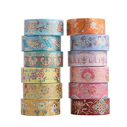 LGEGE 12 Rollen Washi Tape im chinesischen Stil, 15mm breit, Blumen, klassisches Muster, japanisches Abdeckband für Scrapbook, Bullet Journal, Geschenkverpackungen, DIY (2m) von LGEGE