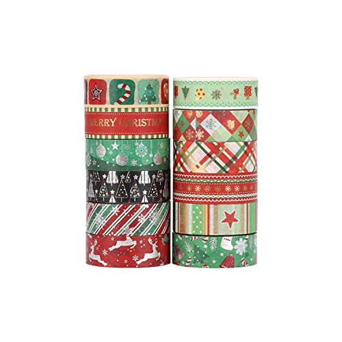 LGEGE 12 Rollen Weihnachts Washi Tape Set, 15 mm breit, Schneeflocke, Elch, Stern, Schneemann, gestreiftes Muster,Gold- und Silberfolie,japanisches Abdeckband,Dekor für Sammelalben,Bullet Journal(5 m) von LGEGE