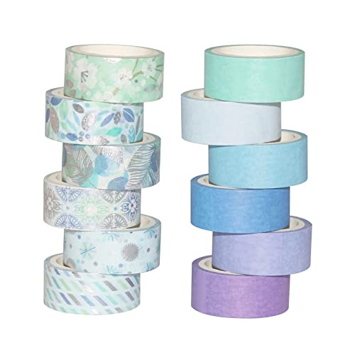 LGEGE 12 Rollen blaues Washi Tape Set, 15 mm breit, einfarbige und rote Streifen, dekoratives Muster, Abdeckband Dekor für Sammelalben, Bullet Journal, Geschenkverpackung (3 m) von LGEGE