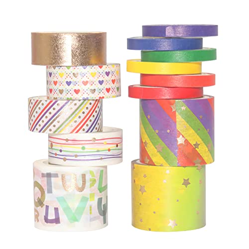 LGEGE 13 Rollen Regenbogen Slim Washi Tape Set, 5/15/30 mm breit, helle bunte dekorative Muster, japanisches Abdeckband Dekor für Scrapbook, Bullet Journal, Geschenkverpackung (3 m) von LGEGE