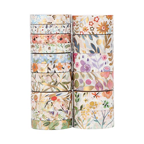 LGEGE 18 Rollen Floral Washi Tape Set, 7,5/15 mm breit, buntes Blumen Muster Goldfolie Druck, japanisches Abdeckband Dekor für Scrapbook, Bullet Journal, Geschenkverpackung, DIY Handwerk (3m) von LGEGE