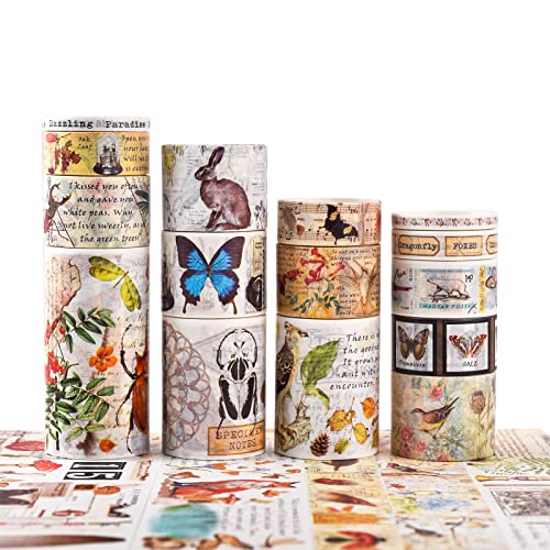 LGEGE 18 Rollen Vintage Washi Tape Set, 75/50/30/25/20/15/10/5 mm breit, Dschungel Schmetterling Libelle Insekten Wald Wolf Kaninchen Elefant alter Buchstabe Retro Abdeckband Dekor für Scrapbook(2 m) von LGEGE