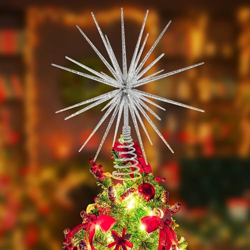 34 cm Silberne Weihnachtsbaumspitze – 3D Burst Silver Tree Topper, explodierender Stern Weihnachtsbaumschmuck von LGFMGWH