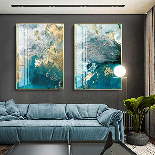 LGHLJ Abstrakte Aquarell wandbilder Blau Golden Rendering Moderne Dekorative Bild Leinwand Poster Für Wohnzimmer Büro Dekor Bild 50x70cmx2/Kein Rahmen von LGHLJ