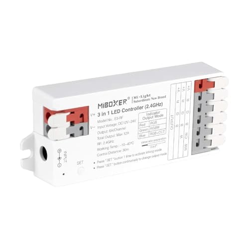 LGIDTECH E3-RF Miboxer 3-in-1-LED-Lichtleisten-Controller, werkzeuglose Verkabelung, verwendet für RGB & RGBW & RGB + CCT LED-Lichtstreifen, DC 12–24 V, Smartphone-App und Sprachsteuerung über Gateway von LGIDTECH