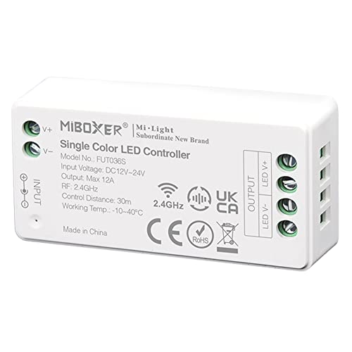 LGIDTECH FUT036S Miboxer einfarbige LED-Lichtleisten-Controller, DC 12 V ~ 24 V, max. Ausgangsleistung 12 A, Smartphone-App-Steuerung über WL-Box1-Gateway (ausgeschlossen) von LGIDTECH