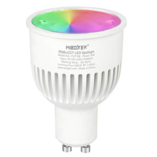 LGIDTECH FUT106 Miboxer 6W 2,4 GHz WLAN-LED-Scheinwerferlampe GU10 AC 100-240 V RGB + CCT Farbwechsel, Temperatur einstellbar, Speicherfunktion. Kompatibel mit Alexa über Gateway-Hub (nicht enthalten) von LGIDTECH