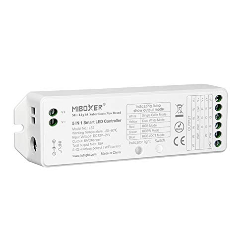 LGIDTECH LS2 Miboxer LED-Streifenlicht-Controller, 2,4-GHz-Wireless-5 in 1 Controller, kompatibel mit einfarbigen, RGB, RGBW, WW+CW, RGB+CCT LED-Lichtleisten von LGIDTECH