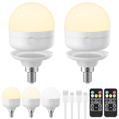 LGMCF USB-C Wiederaufladbare Glühbirne mit Fernbedienung, 3 Farben Dimmbare E14 LED Glühbirne mit Batterie, 6W Touch Control Akku Glühbirne Mit Timing-funktion, Notlicht Mit Magnetische, 2 Pack von LGMCF