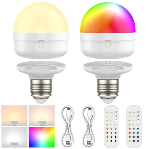 LGMCF Wiederaufladbare Glühbirne mit Fernbedienung, E27 Dimmbare RGB Farben LED Glühbirne mit Batterie, 6W Touch Control Akku Glühbirne Mit Timing-funktion, Notlicht Mit Magnetische, 2 Pack von LGMCF