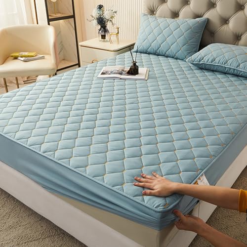Matratzentopper Gesteppt 140/160/170/190 Anpassbare Matratzenschoner Topper Spannbetttuch Atmungsaktive Matratzenüberzug Waschbarer Stickerei Bettlaken für 30 cm Bett Boxspringbett (140x200+30cm,Blue von LGQLYH