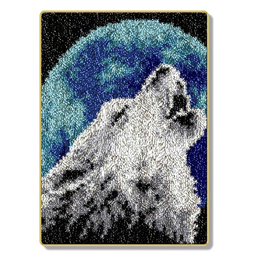 Knüpfset Knüpfteppich 3D Wolf Knüpfmatte Zum Selber Knüpfen Stickerei Teppich Für Kinder, Erwachsene Oder Anfänger, Latch Hook Kits Child Rug,Wolf,52 * 38cm/20 * 15 in von LGWG