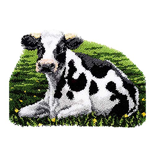 Knüpfteppich Für Kinder Und Erwachsene, DIY Knüpfkissen Stickkissen Latch Hook Kits Knüpfset Knüpfpackung Zum Selber Knüpfen Teppich,Cow,52 * 38cm/20 * 15in von LGWG