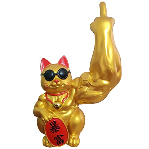 LGYKUMEG Winkekatze Gold Figur deko 27cm mit mittelfinger Glückskatze für Büro, Wohnzimmer und Winkekatzen Liebhaber. von LGYKUMEG