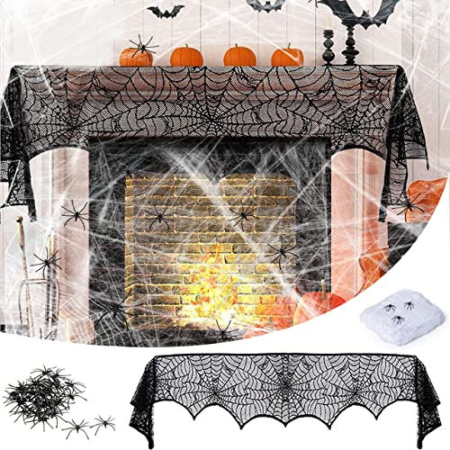 Halloween Spinnennetz Deko, Grusel Deko Set, Schwarz Spitze Spinnennetz Kamin Tür Dekostoff mit 100g Spinnweben und 60 Spinnen Horror für Karneval Fasching Halloween Dekoration von Haus und Garten von LGZIN