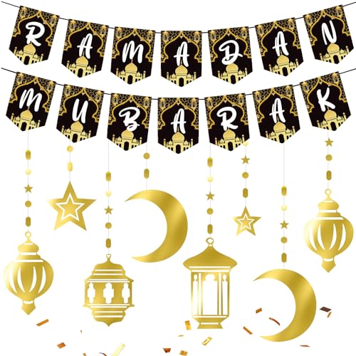 Ramadan Deko, Ramadan Mubarak Banner, Gold Glitzerndes Ramadan Kareem Banner, Ramadan Kareem Girlande, Ramadan Mubarak Dekorationen, Eid Mubarak Banner Set für Festival Party Dekoration von LGZIN