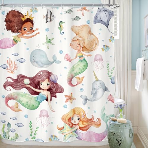 LGhtyro Kinder-Duschvorhang, Meerjungfrauen-Motiv, Badezimmer-Set, 152 x 180 cm, Unterwasser-Cartoon, Meerestiere, niedlicher Wal, Seestern, lustiges Meeresleben, Badzubehör, Baby, Mädchen, Kunst, von LGhtyro