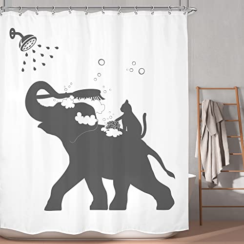 LGhtyro Lustiger Duschvorhang mit Elefanten-Katze, Badezimmer-Set, 152x180 cm, Kinder-Cartoon-Tierschatten-Duschvorhang, Badezubehör, niedliche Silhouette, schwarz-weiß, Stoff, 12 Stück Haken von LGhtyro