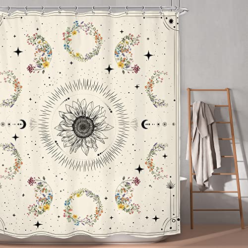 LGhtyro Mondphasen-Duschvorhang, himmlische Wildblumen, Badezimmer-Set, 152x180 cm, Pflanzenblumenkräuter, Boho-Sterne, Vintage-Blumen, Beige, ästhetisches Badzubehör, Kunst, Stoff, 12 Stück Haken von LGhtyro