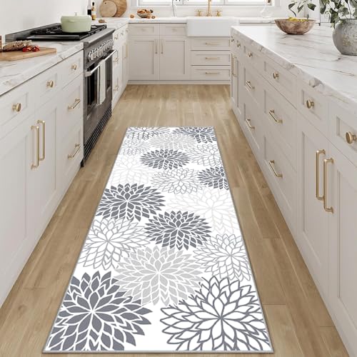 Läufer für Flur, waschbar, 50,8 x 119,4 cm, grau, abstrakte Blumen, rutschfest, Küchenteppich, Waschküche, Badezimmermatte, weicher Boden-Teppich, Läufer für Flur, Küche, Waschküche, Eingangsbereich von LHAIFA