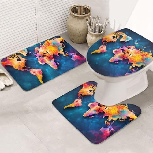 Abstrakte Weltkarte Badezimmerteppich-Set, U-förmige WC-Bodenmatte + rutschfeste Mikrofaser-Badematten + WC-Deckelbezug, weich, saugfähig, Badteppich, Teppich für Heimdekoration Abstrakte Weltkarte Badezimmerteppich-Set, U-förmige WC-Bodenmatte + rutschfeste Mikrofaser-Badematten + WC-Deckelbezug, weich, saugfähig, Badteppich, Teppich für Heimdekoration von LHBWCVN