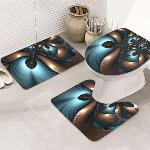 Abstraktes blau-braunes Badezimmerteppich-Set, U-förmige WC-Bodenmatte + rutschfeste Mikrofaser-Badematten + WC-Deckelbezug, weich, saugfähig, Badteppich, Teppich für Heimdekoration von LHBWCVN