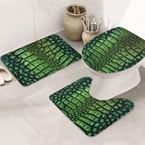 Alligatorhaut-Badezimmerteppich-Set, U-förmige WC-Bodenmatte + rutschfeste Mikrofaser-Badematten + WC-Deckelbezug, weich, saugfähig, Badteppich, Teppich für Heimdekoration von LHBWCVN