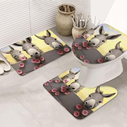 Badezimmerteppich-Set, Esel und Blume, U-förmige WC-Bodenmatte + rutschfeste Mikrofaser-Badematten + WC-Deckelbezug, weich, saugfähig, Badteppich, Teppich für Heimdekoration Badezimmerteppich-Set, Esel und Blume, U-förmige WC-Bodenmatte + rutschfeste Mikrofaser-Badematten + WC-Deckelbezug, weich, saugfähig, Badteppich, Teppich für Heimdekoration von LHBWCVN
