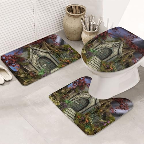 Badezimmerteppich-Set, Gothic-Feengarten, U-förmige WC-Bodenmatte + rutschfeste Mikrofaser-Badematten + WC-Deckelbezug, weich, saugfähig, Badteppich, Teppich für Heimdekoration von LHBWCVN