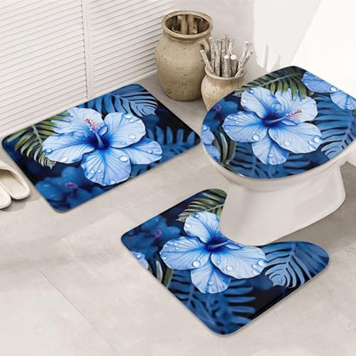 Badezimmerteppich-Set, Motiv: Blaue Blume, 3-teilig, U-förmige WC-Bodenmatte + rutschfeste Mikrofaser-Badematten + WC-Deckelbezug, weich, saugfähig, Badteppich, Teppich für Heimdekoration Badezimmerteppich-Set, Motiv: Blaue Blume, 3-teilig, U-förmige WC-Bodenmatte + rutschfeste Mikrofaser-Badematten + WC-Deckelbezug, weich, saugfähig, Badteppich, Teppich für Heimdekoration von LHBWCVN