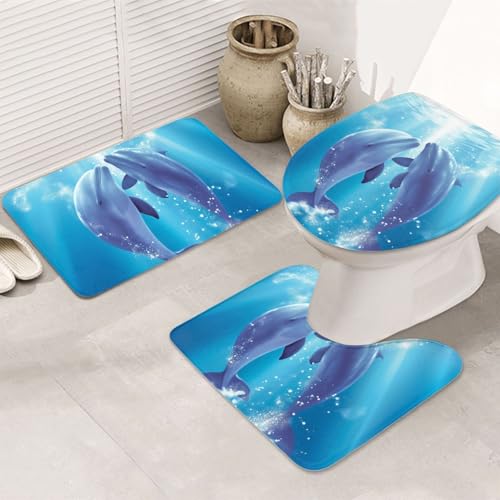Badezimmerteppich-Set, Motiv: Delfine in Love, U-förmige WC-Bodenmatte + rutschfeste Mikrofaser-Badematten + WC-Deckelbezug, weich, saugfähig, Badteppich, Teppich für Heimdekoration Badezimmerteppich-Set, Motiv: Delfine in Love, U-förmige WC-Bodenmatte + rutschfeste Mikrofaser-Badematten + WC-Deckelbezug, weich, saugfähig, Badteppich, Teppich für Heimdekoration von LHBWCVN