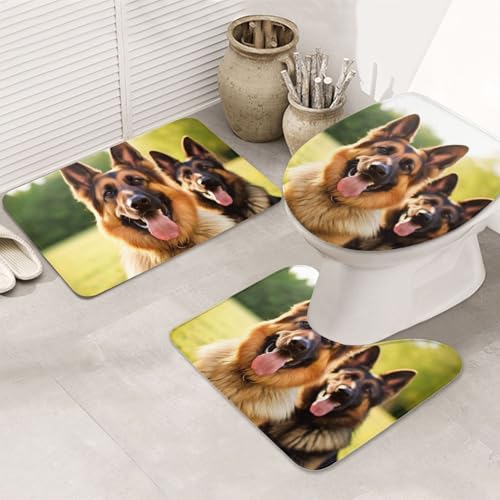 Badezimmerteppich-Set, Motiv: Deutscher Schäferhund, U-förmige WC-Bodenmatte + rutschfeste Mikrofaser-Badematten + WC-Deckelbezug, weich, saugfähig, Badteppich, Teppich für Heimdekoration von LHBWCVN