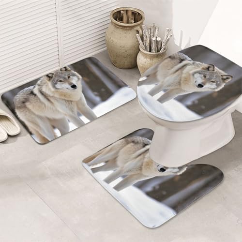 Badezimmerteppich-Set, Motiv: Wolf im Schnee, U-förmige WC-Bodenmatte + rutschfeste Mikrofaser-Badematten + WC-Deckelbezug, weich, saugfähig, Badteppich, Teppich für Heimdekoration von LHBWCVN