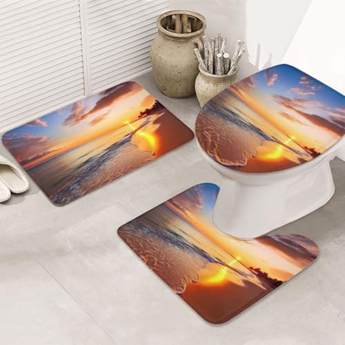 Badezimmerteppich-Set, Motiv: tropischer Sonnenaufgang am Strand, U-förmige WC-Bodenmatte + rutschfeste Mikrofaser-Badematten + WC-Deckelbezug, weich, saugfähig, Badteppich, Teppich für Heimdekoration Badezimmerteppich-Set, Motiv: tropischer Sonnenaufgang am Strand, U-förmige WC-Bodenmatte + rutschfeste Mikrofaser-Badematten + WC-Deckelbezug, weich, saugfähig, Badteppich, Teppich für Heimdekoration von LHBWCVN