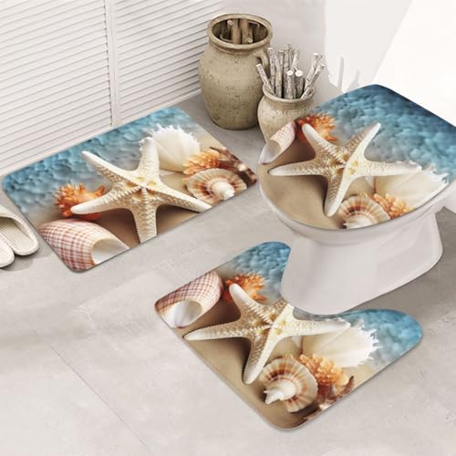 Badezimmerteppich-Set, Seestern-Korallen- und Muschel-Design, U-förmige WC-Bodenmatte, rutschfeste Mikrofaser-Badematten + WC-Deckelbezug, weich, saugfähig, Badteppich, Teppich für Heimdekoration von LHBWCVN