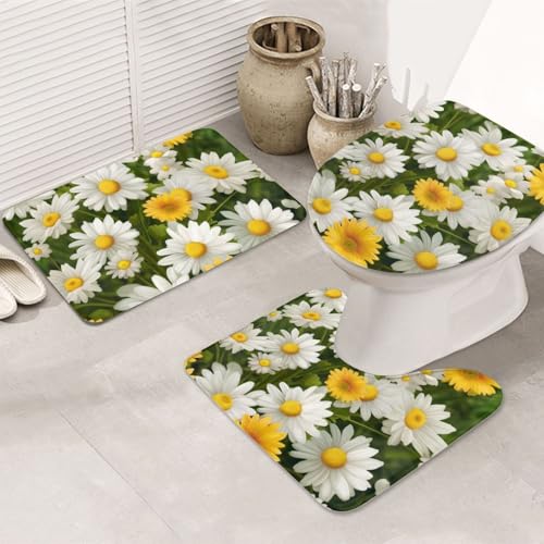 Badezimmerteppich-Set, Sommerblumen, Gänseblümchen, 3-teilig, U-förmige WC-Bodenmatte + rutschfeste Mikrofaser-Badematten + WC-Deckelbezug, weich, saugfähig, Badteppich, Teppich für Heimdekoration Badezimmerteppich-Set, Sommerblumen, Gänseblümchen, 3-teilig, U-förmige WC-Bodenmatte + rutschfeste Mikrofaser-Badematten + WC-Deckelbezug, weich, saugfähig, Badteppich, Teppich für Heimdekoration von LHBWCVN