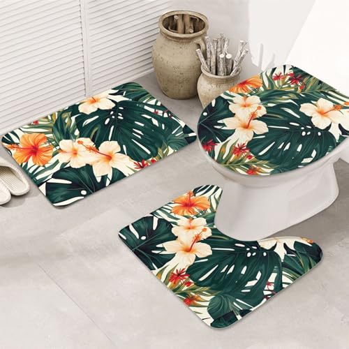 Badezimmerteppich-Set, tropische Sommer-Hawaii-Blume, Palmblätter, U-förmige WC-Bodenmatte + rutschfeste Mikrofaser-Badematten + WC-Deckelbezug, weich, saugfähig, Badteppich, Teppich für Badezimmerteppich-Set, tropische Sommer-Hawaii-Blume, Palmblätter, U-förmige WC-Bodenmatte + rutschfeste Mikrofaser-Badematten + WC-Deckelbezug, weich, saugfähig, Badteppich, Teppich für von LHBWCVN
