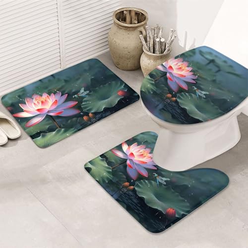 Badezimmerteppich-Set mit Blumen und Libellen, U-förmige WC-Bodenmatte + rutschfeste Mikrofaser-Badematten + WC-Deckelbezug, weich, saugfähig, Badteppich, Teppich für Heimdekoration Badezimmerteppich-Set mit Blumen und Libellen, U-förmige WC-Bodenmatte + rutschfeste Mikrofaser-Badematten + WC-Deckelbezug, weich, saugfähig, Badteppich, Teppich für Heimdekoration von LHBWCVN