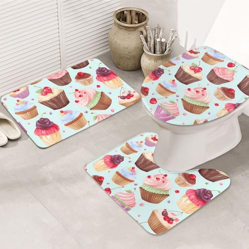 Badezimmerteppich-Set mit Cupcake-Muster, U-förmige WC-Bodenmatte + rutschfeste Mikrofaser-Badematten + WC-Deckelbezug, weich, saugfähig, Badteppich, Teppich für Heimdekoration von LHBWCVN