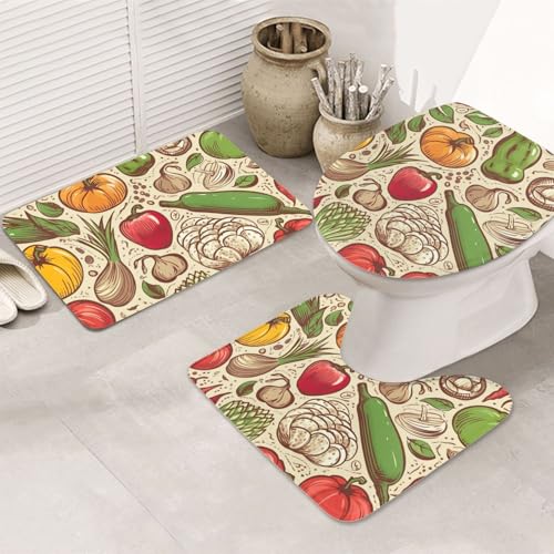 Badezimmerteppich-Set mit Gemüse und Obst, U-förmige WC-Bodenmatte + rutschfeste Mikrofaser-Badematten + WC-Deckelbezug, weich, saugfähig, Badteppich, Teppich für Heimdekoration Badezimmerteppich-Set mit Gemüse und Obst, U-förmige WC-Bodenmatte + rutschfeste Mikrofaser-Badematten + WC-Deckelbezug, weich, saugfähig, Badteppich, Teppich für Heimdekoration von LHBWCVN
