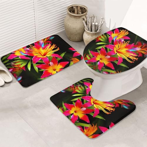 Badezimmerteppich-Set mit Hawaiianischen bunten Blumen, U-förmige WC-Bodenmatte + rutschfeste Mikrofaser-Badematten + WC-Deckelbezug, weich, saugfähig, Badteppich, Teppich für Heimdekoration Badezimmerteppich-Set mit Hawaiianischen bunten Blumen, U-förmige WC-Bodenmatte + rutschfeste Mikrofaser-Badematten + WC-Deckelbezug, weich, saugfähig, Badteppich, Teppich für Heimdekoration von LHBWCVN
