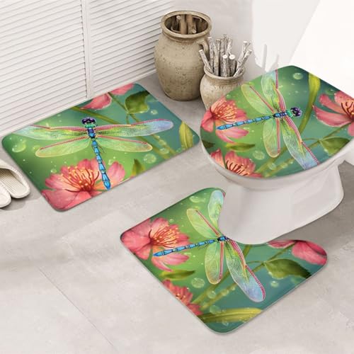 Badezimmerteppich-Set mit Libellen und Blumen, U-förmige WC-Bodenmatte + rutschfeste Mikrofaser-Badematten + WC-Deckelbezug, weich, saugfähig, Badteppich, Teppich für Heimdekoration Badezimmerteppich-Set mit Libellen und Blumen, U-förmige WC-Bodenmatte + rutschfeste Mikrofaser-Badematten + WC-Deckelbezug, weich, saugfähig, Badteppich, Teppich für Heimdekoration von LHBWCVN