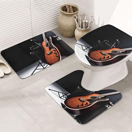 Badezimmerteppich-Set mit Musikinstrumenten, 3-teilig, U-förmige WC-Bodenmatte + rutschfeste Mikrofaser-Badematten + WC-Deckelbezug, weich, saugfähig, Badteppich, Teppich für Heimdekoration von LHBWCVN