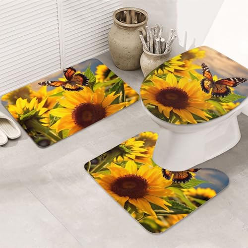 Badezimmerteppich-Set mit Sonnenblumen-Schmetterlingen, U-förmige WC-Bodenmatte + rutschfeste Mikrofaser-Badematten + WC-Deckelbezug, weich, saugfähig, Badteppich, Teppich für Heimdekoration Badezimmerteppich-Set mit Sonnenblumen-Schmetterlingen, U-förmige WC-Bodenmatte + rutschfeste Mikrofaser-Badematten + WC-Deckelbezug, weich, saugfähig, Badteppich, Teppich für Heimdekoration von LHBWCVN