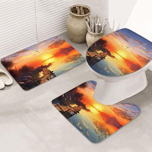 Badezimmerteppich-Set mit Sonnenuntergang-Landschaft, U-förmige WC-Bodenmatte + rutschfeste Mikrofaser-Badematten + WC-Deckelbezug, weich, saugfähig, Badteppich, Teppich für Heimdekoration Badezimmerteppich-Set mit Sonnenuntergang-Landschaft, U-förmige WC-Bodenmatte + rutschfeste Mikrofaser-Badematten + WC-Deckelbezug, weich, saugfähig, Badteppich, Teppich für Heimdekoration von LHBWCVN
