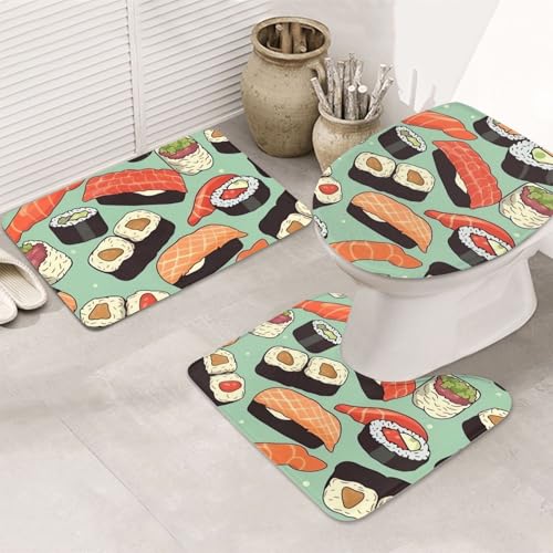 Badezimmerteppich-Set mit Sushi-Lebensmittelmuster, U-förmige WC-Bodenmatte + rutschfeste Mikrofaser-Badematten + WC-Deckelbezug, weich, saugfähig, Badteppich, Teppich für Heimdekoration Badezimmerteppich-Set mit Sushi-Lebensmittelmuster, U-förmige WC-Bodenmatte + rutschfeste Mikrofaser-Badematten + WC-Deckelbezug, weich, saugfähig, Badteppich, Teppich für Heimdekoration von LHBWCVN