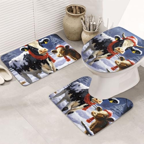 Badezimmerteppich-Set mit Weihnachtsschneekuh-Motiv, U-förmige WC-Bodenmatte + rutschfeste Mikrofaser-Badematten + WC-Deckelbezug, weich, saugfähig, Badteppich, Teppich für Heimdekoration Badezimmerteppich-Set mit Weihnachtsschneekuh-Motiv, U-förmige WC-Bodenmatte + rutschfeste Mikrofaser-Badematten + WC-Deckelbezug, weich, saugfähig, Badteppich, Teppich für Heimdekoration von LHBWCVN